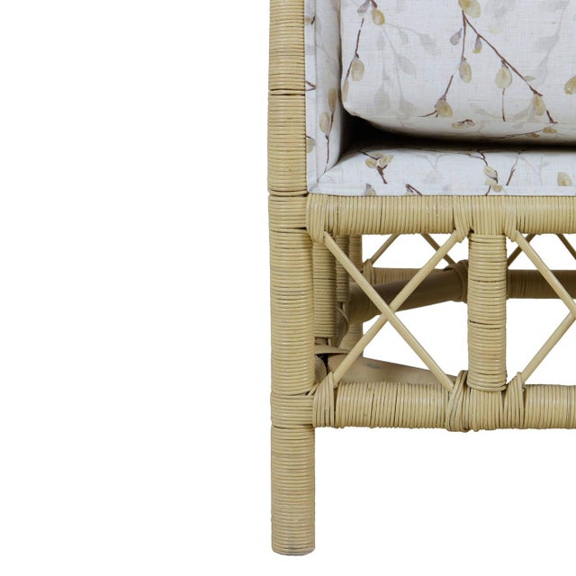 French Country Coastal Rattan Settee With Botanical Upholstery For Sale - Image 3 of 10