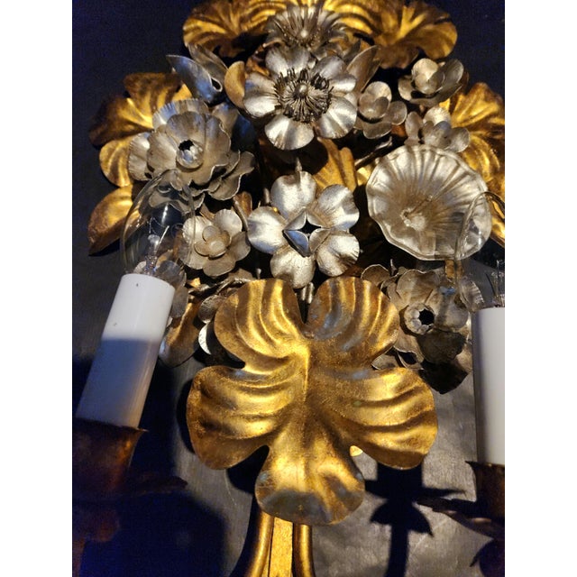 Hand-Shaped Floral Gilded and Silvered Wall Lamp by S. Salvadori, 1950s For Sale - Image 18 of 18