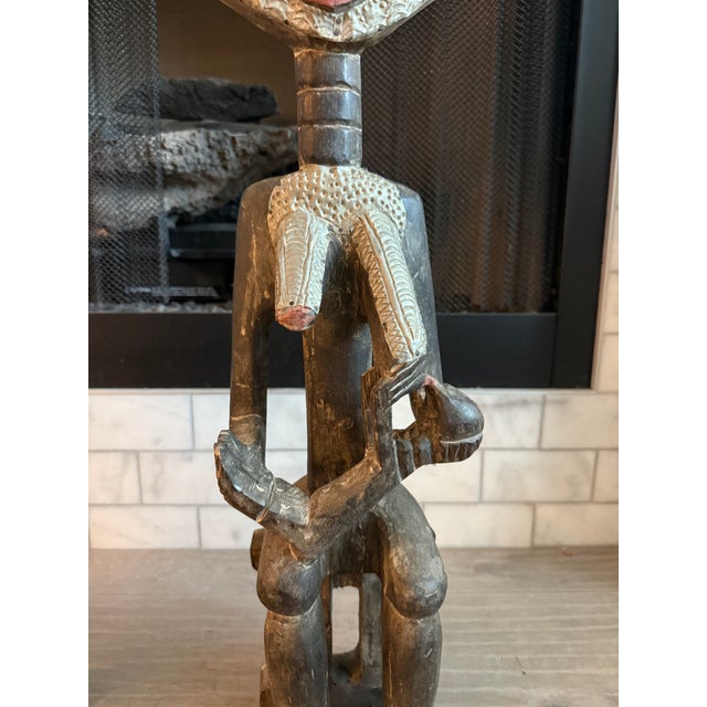 Monumental Hand-Carved West African Figural Sculptures With Cowrie & Textile Masks — Pair For Sale - Image 10 of 15