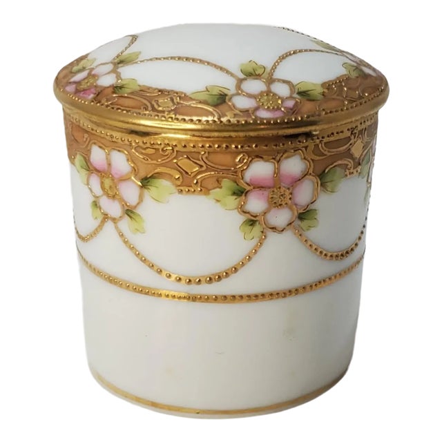 Early 1900s Nippon Gold Swags and Floral Hand Painted Ceramic Ring Box For Sale