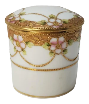 Early 1900s Nippon Gold Swags and Floral Hand Painted Ceramic Ring Box