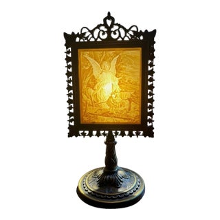 1980s Guardian Angel Lithophane Victorian Accent Lamp Featuring a Translucent Porcelain Panel Illuminated From Behind For Sale