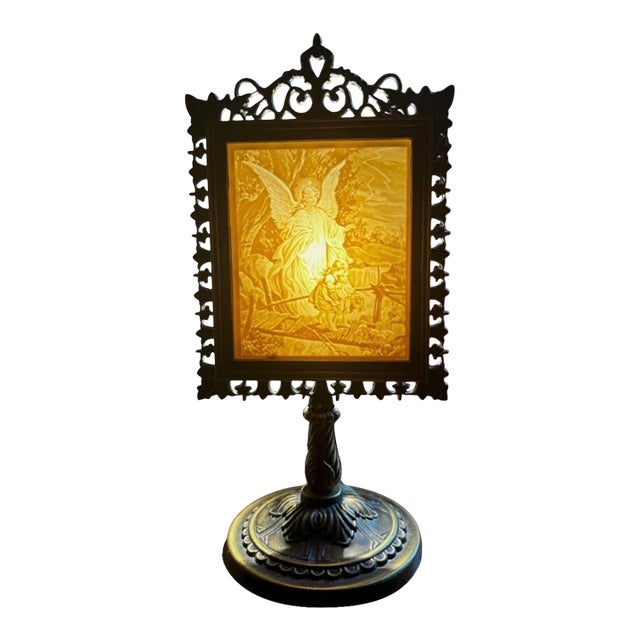1980s Guardian Angel Lithophane Victorian Accent Lamp Featuring a Translucent Porcelain Panel Illuminated From Behind For Sale