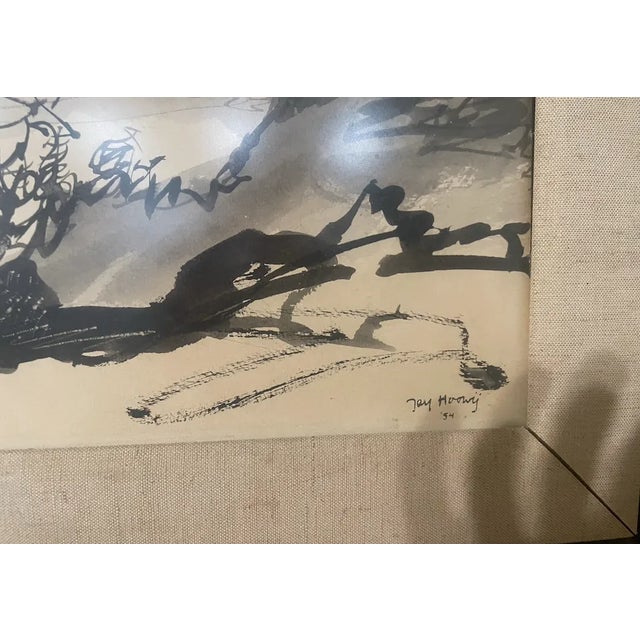 Offering an original surrealist, ink painting. Framed with a neutral matte and a subtle gold frame.