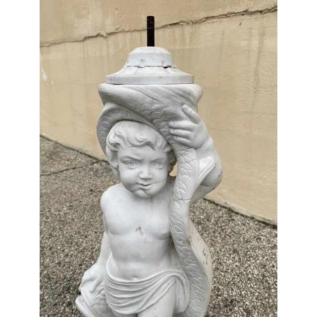 Classical Roman Early 20th Century Italian Classical Carved Marble 31" Cherub Dolphin Garden Fountain Statue For Sale - Image 3 of 13