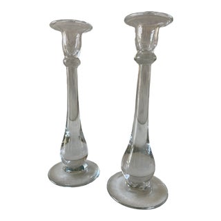 Pair of Blown Clear Glass Candle Holders For Sale