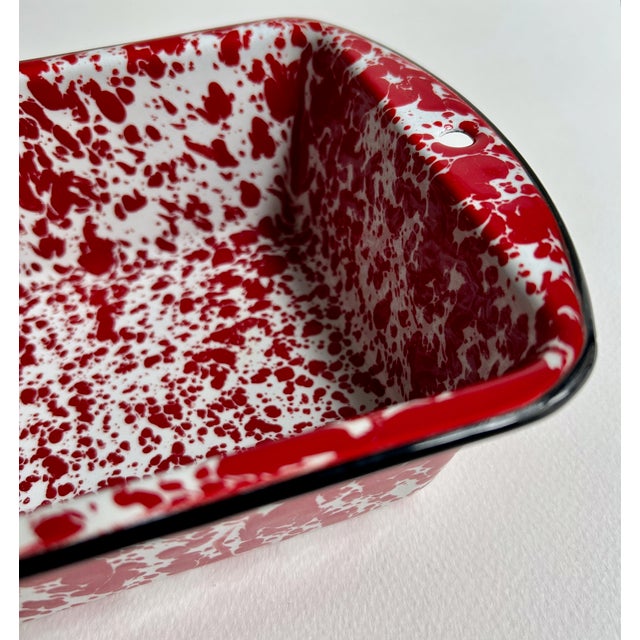 Vintage Red & White Splatter Enamelware Loaf Pan For Sale - Image 9 of 14