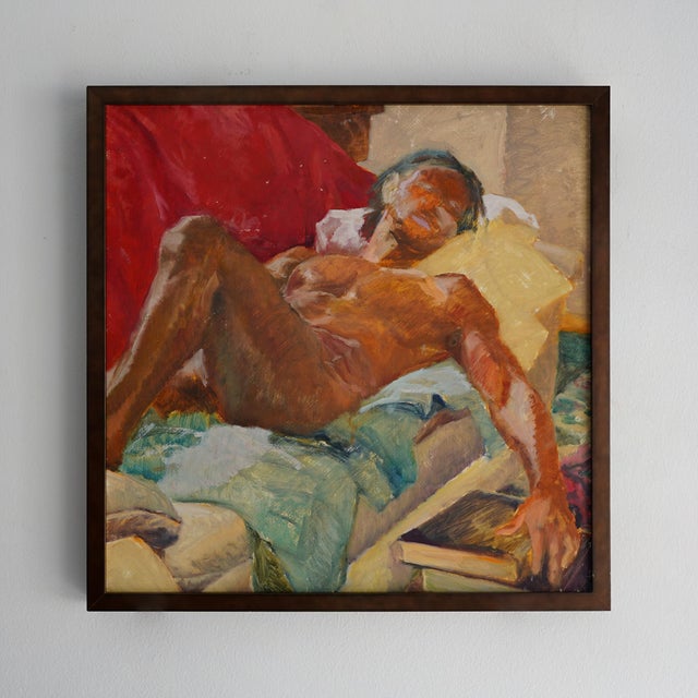 Vintage circa 1980s original painting by Linda M Kolar. The subject is a gentleman with dark skin tones laying nude on a...