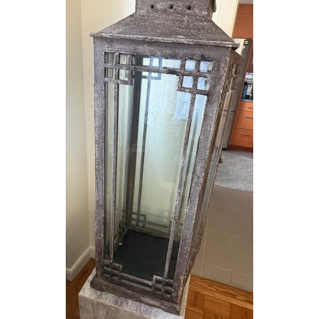 Farmhouse Tall Rustic Farmhouse Lantern — Distressed Antiqued Wood For Sale - Image 3 of 3