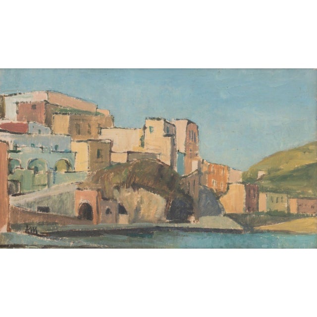 Italian School, Landscape Scene, Oil on Canvas Board, illegibly signed "AM(?)" lower left, white painted wood frame....