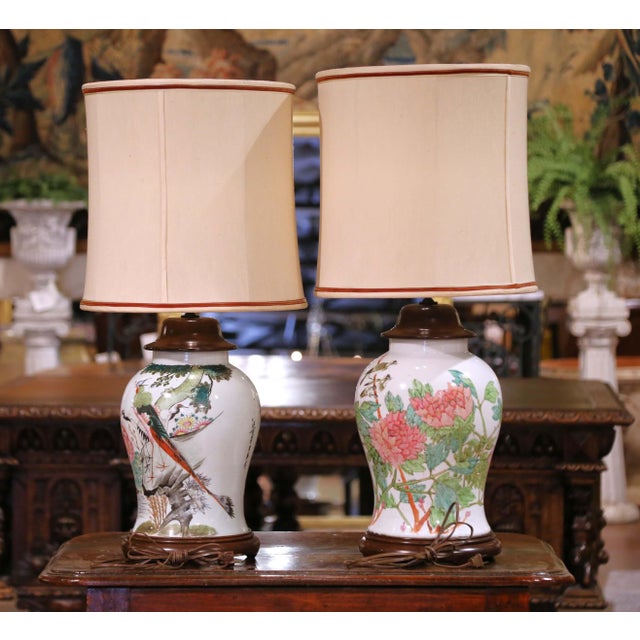 Chinese Pair of Mid 20th Century Chinese Famille Rose Porcelain Lamps With Birds, Flowers and Calligraphy For Sale - Image 3 of 14