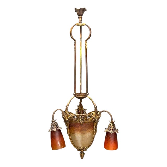 Muller Frères, French Art Deco, Bronze, Glass, Chandelier, France, 1920s For Sale