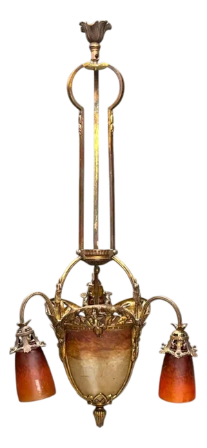 Muller Frères, French Art Deco, Bronze, Glass, Chandelier, France, 1920s