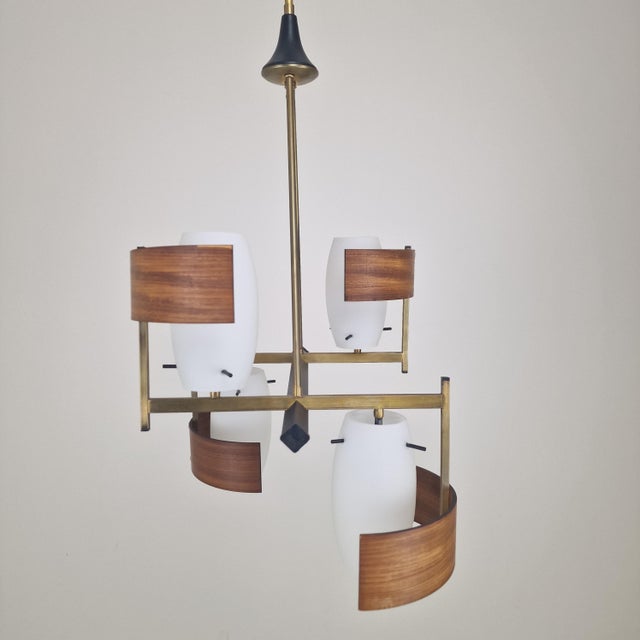 Mid-Century Modern Mid-Century Italian Brass, Teak and Opaline Glass Chandelier attributed to Stilnovo, 1960s For Sale - Image 3 of 14