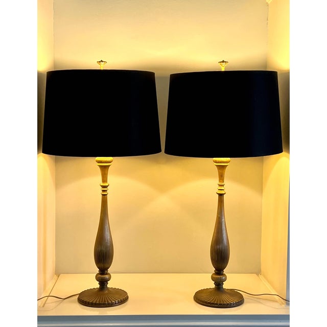 Mid-Century Modern Brass Chapman Lamps with Black Silk Shades - A Pair For Sale - Image 3 of 10