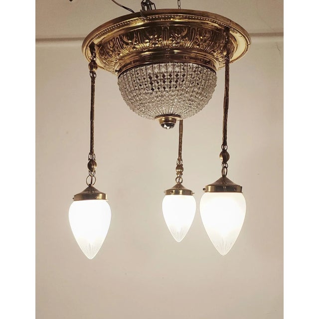 Czech Brass and Crystals Ceiling Lamp, 1900s, in Restored conditions. Designed 1890 to 1919 Up to 250V (Europe/UK...