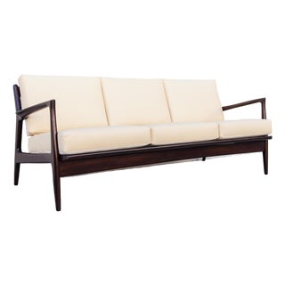 Restored Ib Kofod-Larsen for Selig Danish Modern Three Seat Sculptural "Blade" Sofa in Leather For Sale