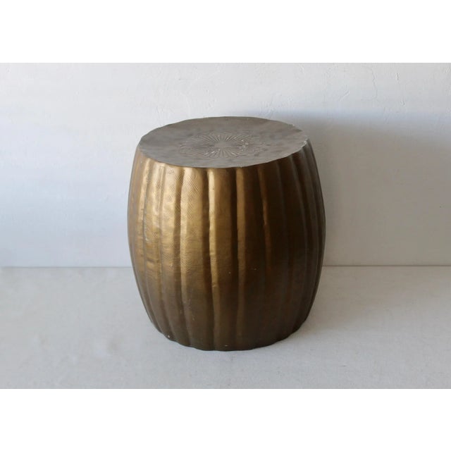 Pleated Bronze Finish Aluminum Barrel Style Garden Stool Mid-Century, lots of wear and patina. Good vintage condition