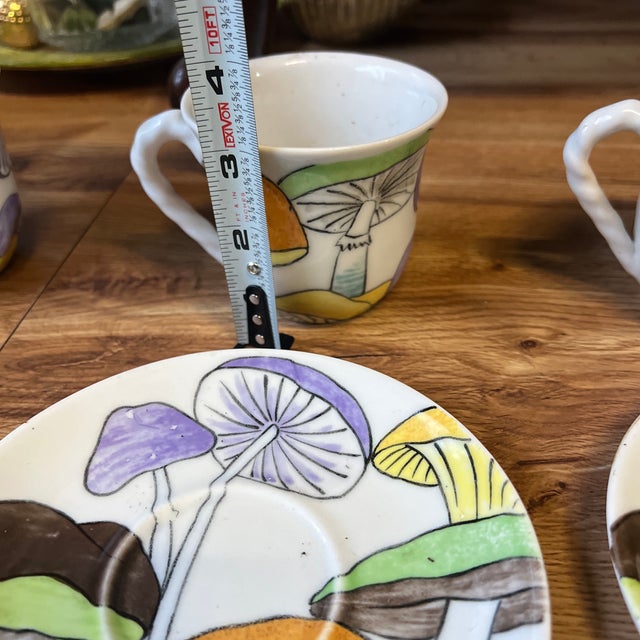 1970s Collection of Saucers and Teacups With Hand Painted Mushroom Details- Set of 12 For Sale - Image 9 of 11