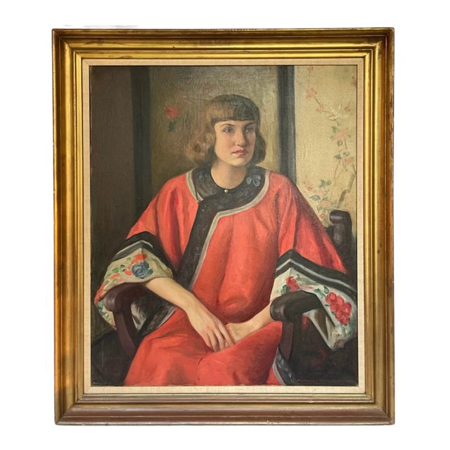 Textile “The Mandarin Robe” Portrait Oil Painting on Canvas by Margaret Fitzhugh Browne, Circa 1920 For Sale - Image 7 of 7