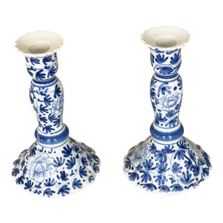 Blue & White Scalloped Candlestick Holders - a Pair For Sale