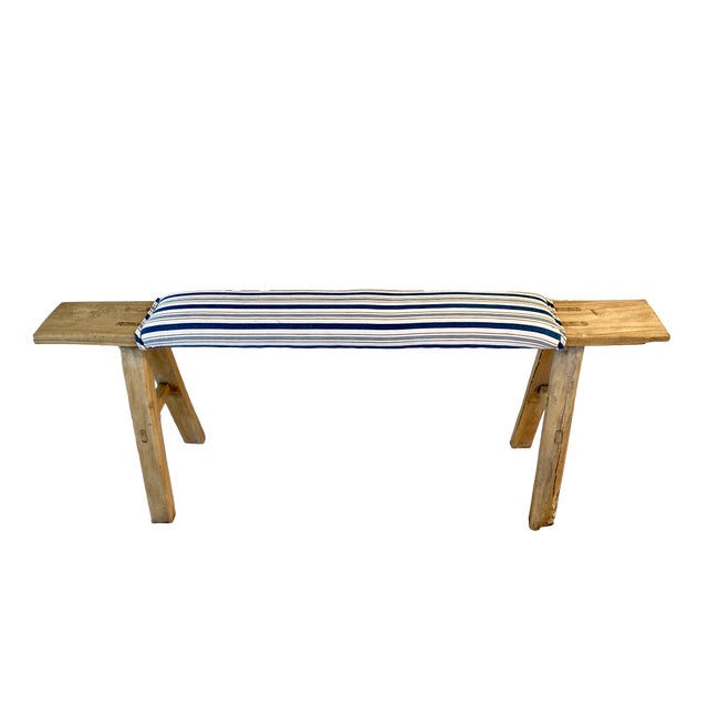 Rustic Em Long Bench W/French Ticking Upholstery For Sale In Los Angeles - Image 6 of 10