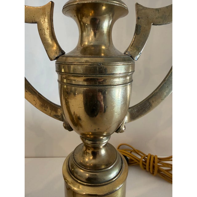 Pair of Vintage English Brass Trophy Form Winged Urn Lamps For Sale - Image 13 of 16