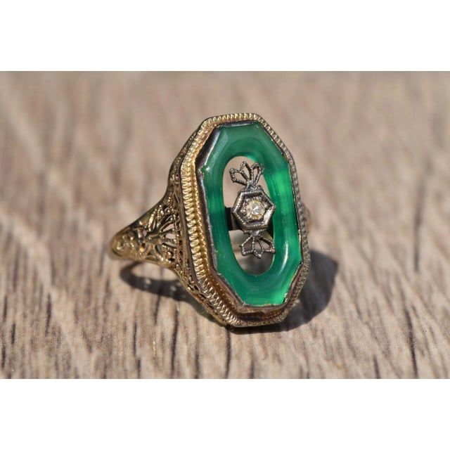 Silver The Estelle Avenue: Antique Filigree Cocktail Ring set with Chalcedony and Diamond, Size 5.75 For Sale - Image 8 of 11