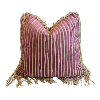 Magenta & Gold Velvet Zebra Tiger Stripe Feather/Down Pillow W/ Fringe 19" Square For Sale
