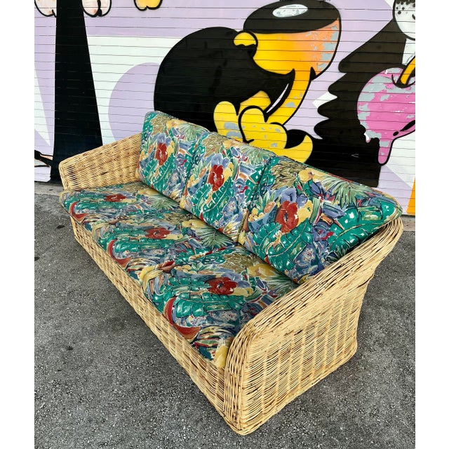 Coastal Style Woven Wicker Three Seat Sofa. Circa 1980s For Sale In Miami - Image 6 of 12