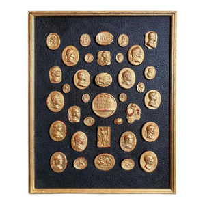Grand Tour Revival Gilded Intaglio Arrangement on the Leather Board and in Gilt Frame
