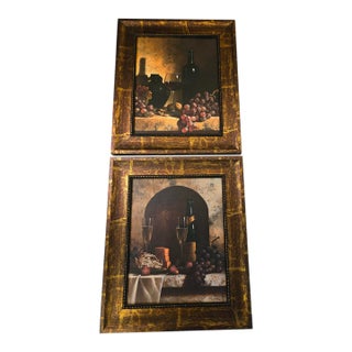 Pair, Loren Speck, Vintage Italian-Style Framed Still-Life Art Prints Titled Wine Bottle & a Date to Remember For Sale