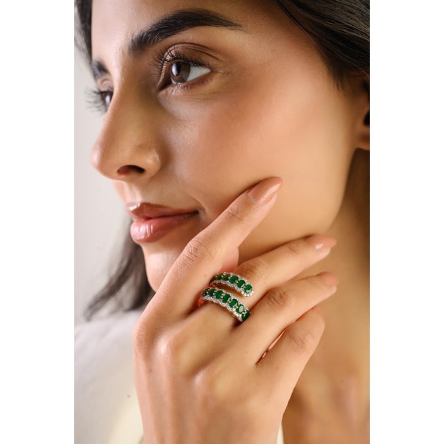 Green Natural 2 Ct Emerald Open Face Diamond Chic Cocktail Ring Size 6.5 in 14k Gold For Sale - Image 8 of 14