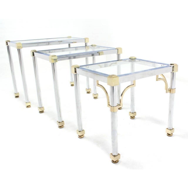 Set of 3 Chrome and Brass Metal Glass Top Nesting Side End Occasional Tables Table 1 = 21” h 25” 1/4” w X 15”d, Table 2 =...