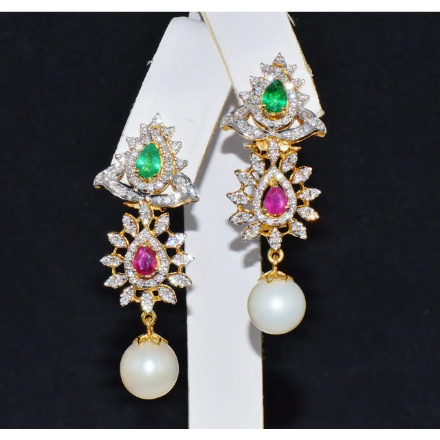 Estate 18K solid gold 116CTS diamond, south sea pearl, emerald, ruby 2-in-1 dangle / chandelier earrings. These are top...