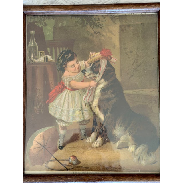 Victorian Antique Victorian “The Pet’s Toilet” Girl & Dog Framed Color Print For Sale - Image 3 of 8