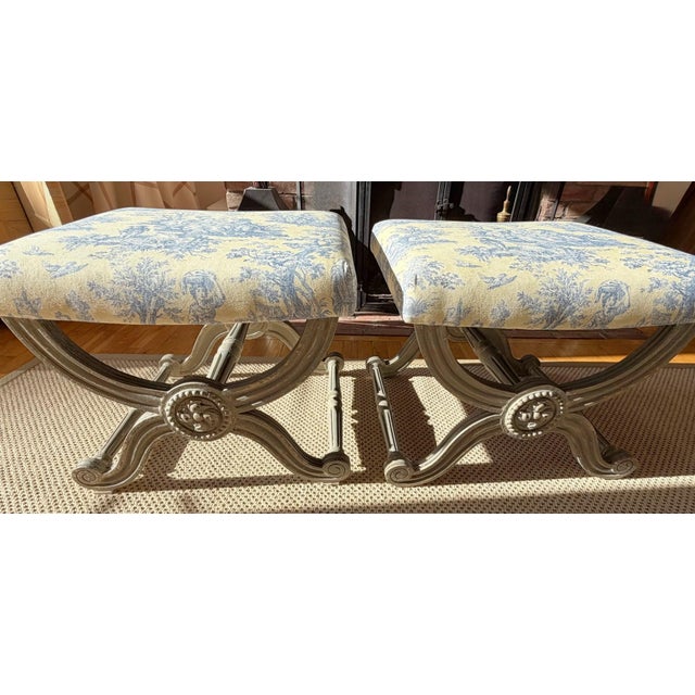 Wood A Pair of Painted Campaign Style X-Base Ottomans Footstools in Butter Yellow and Blue Toile For Sale - Image 7 of 17