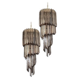 Murano Glass Spiral Chandeliers with 54 Quadriedri Smoked Prisms, 1980s, Set of 2 For Sale