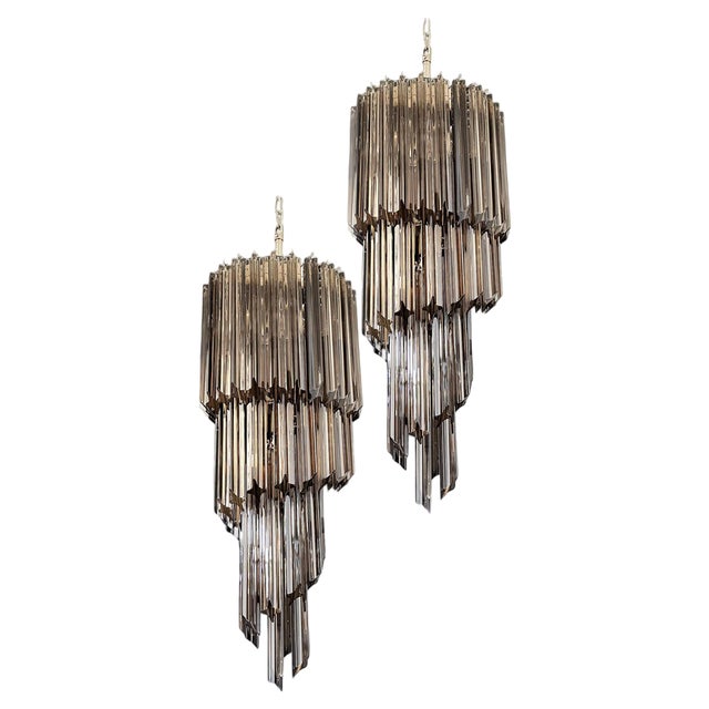 Murano Glass Spiral Chandeliers with 54 Quadriedri Smoked Prisms, 1980s, Set of 2 For Sale