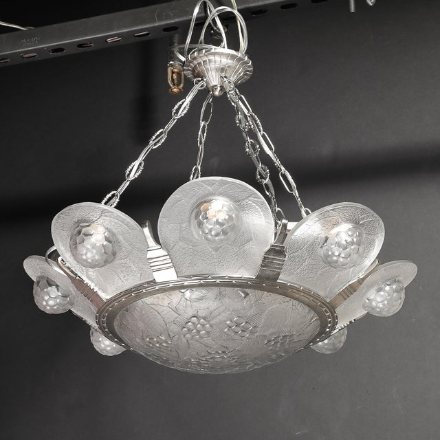 1930s Art Deco Frosted Glass Chandelier With Stylized Cubist Floral Motif For Sale - Image 16 of 18