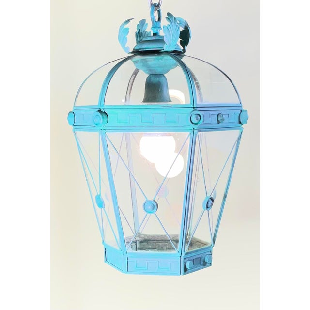 Metal Vintage Style Solid Brass Verdigris Hanging Lantern - Restored & Rewired For Sale - Image 7 of 13