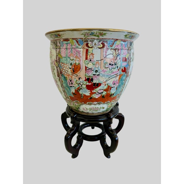 Hollywood Regency Large Hand-Painted Vintage Chinese Famille Rose Fishbowl Planter With Stand For Sale - Image 3 of 11