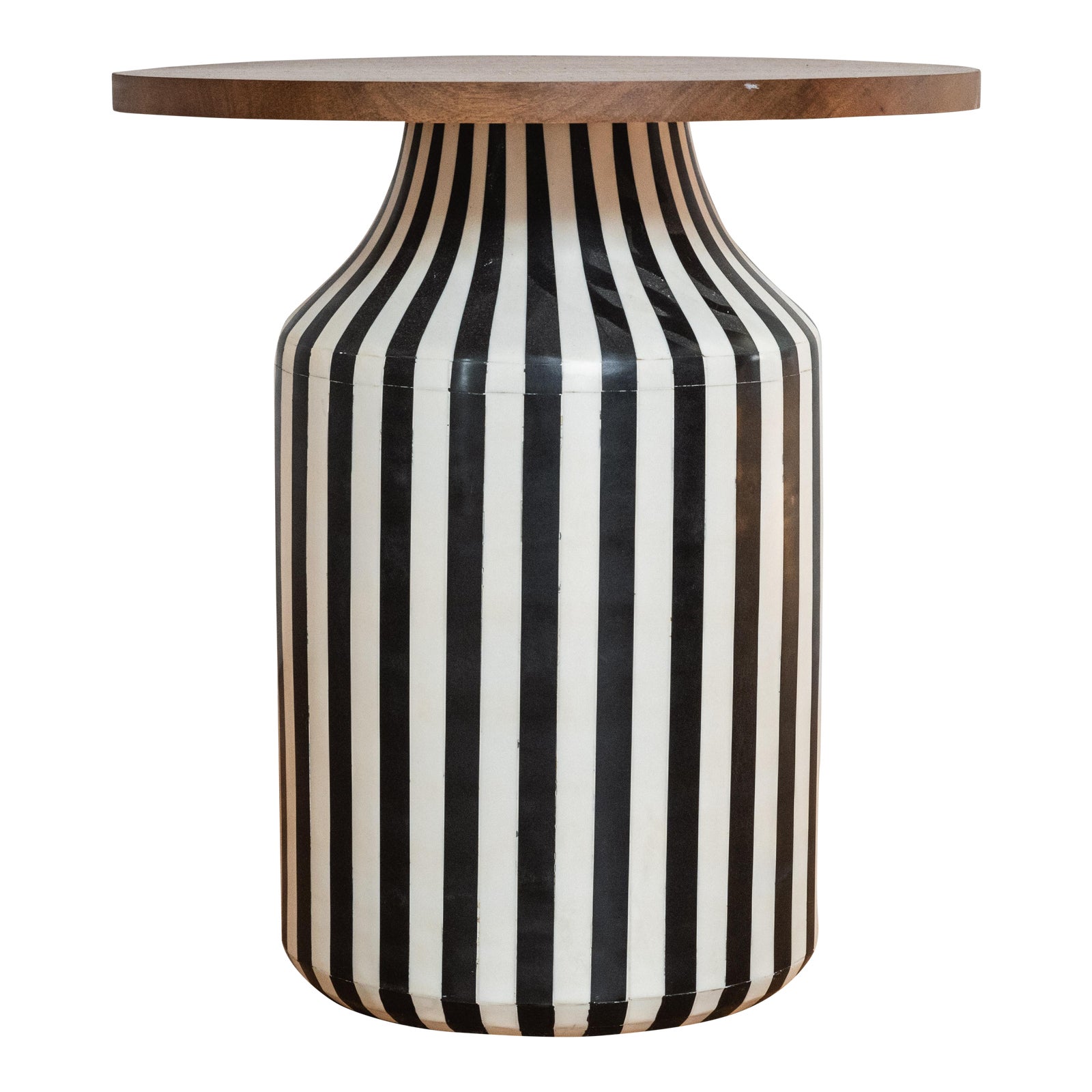 Black and White Striped Ceramic Side Table With Wooden Base Chairish
