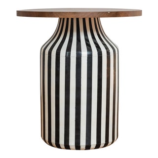 Black and White Striped Ceramic Side Table With Wooden Base
