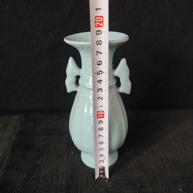 White Chinese Ceramic Vase,Guan Ware Crackle Glaze Celadon Porcelain Double Ears Vase For Sale - Image 8 of 9
