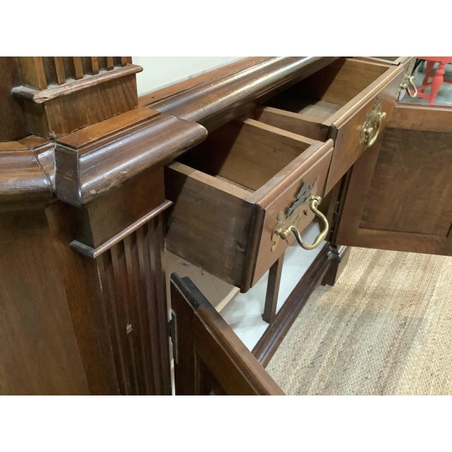 Antique Corner Cabinet Burled Wood Painted Interior 2 Pce Fluted Column Arched For Sale - Image 9 of 13