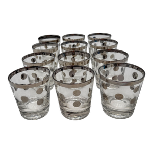 1950s 12 Hollywood Regency Silver Overlay Old Fashioned Glasses, Atomic Dot Barware