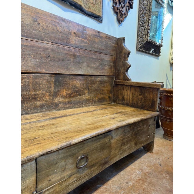 Italian 18th c bench from Appennino Tosco-Emiliano. 70.5” l x 22”w x 46”h seat height 17” 46-006