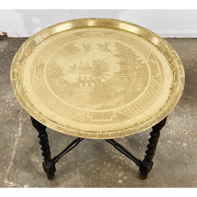 Vintage Engraved Blue Willow Pattern Brass Tray Table For Sale - Image 4 of 9