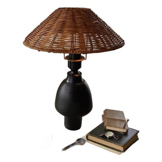 Vintage Rattan & Black Texture Ceramic Lamp For Sale